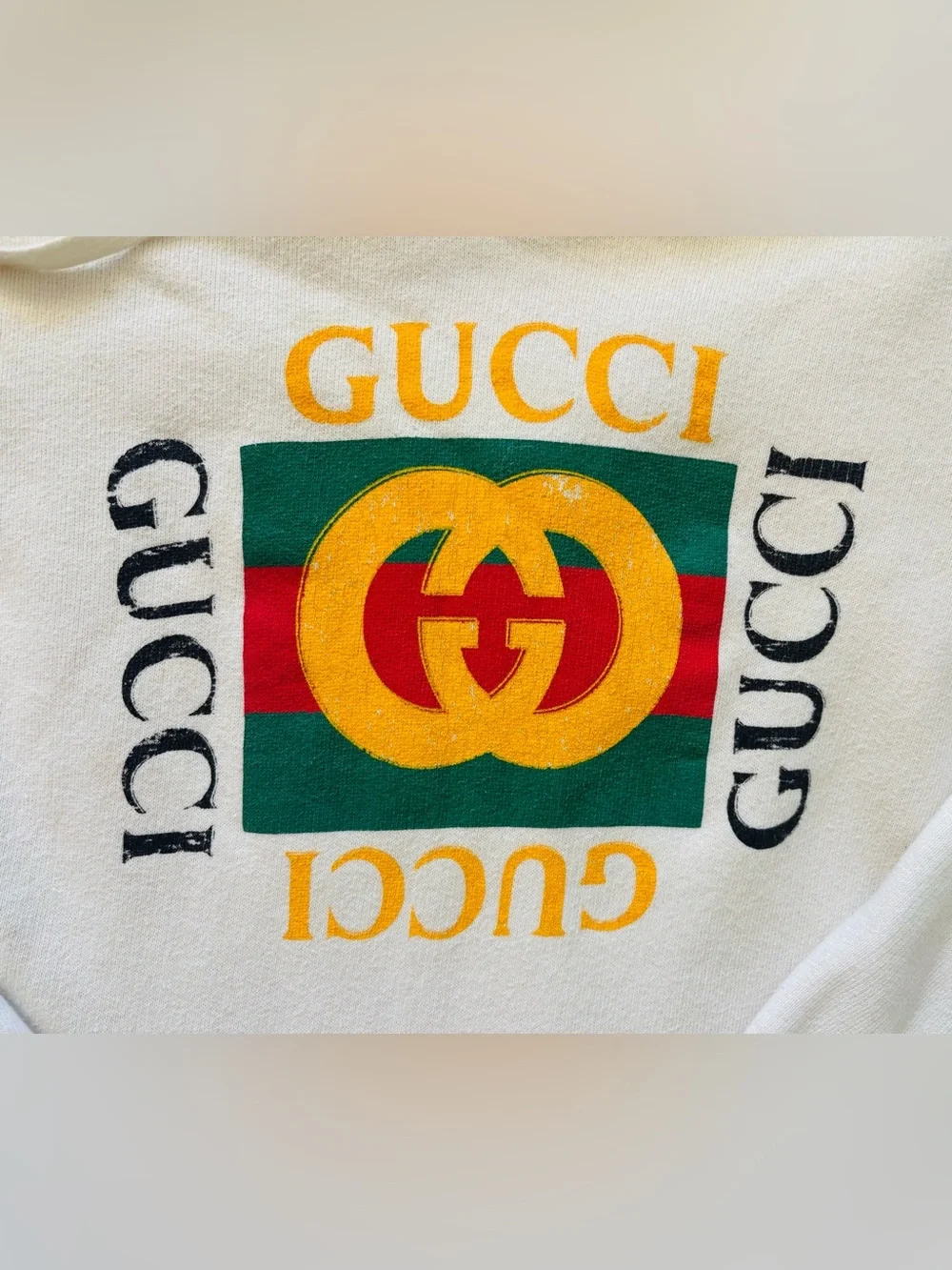Vintage Gucci Hoodie Distressed Cream Logo Printed Loopback Cotton Size: Small